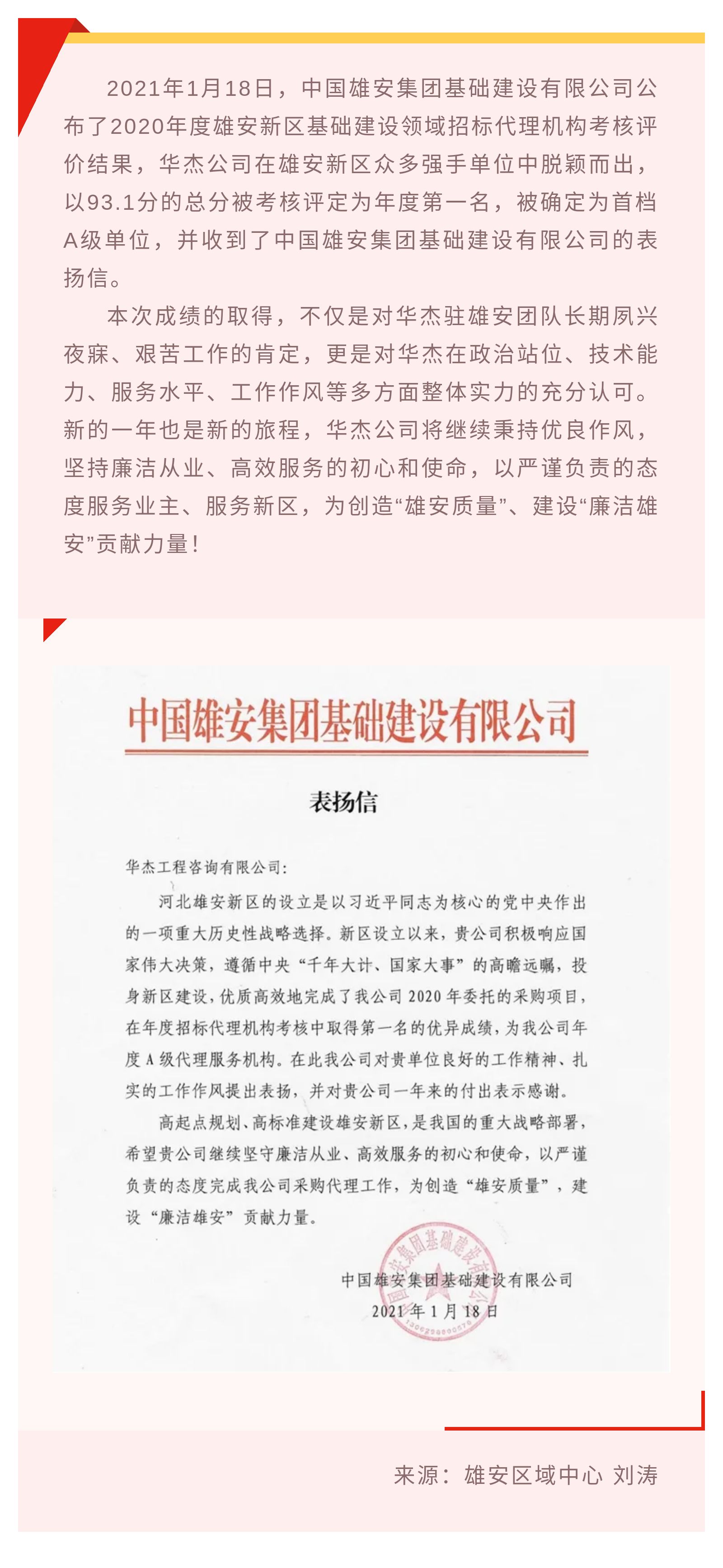 公司獲雄安新區(qū)2020年度基礎(chǔ)建設領(lǐng)域考核第一名并受到通報表彰